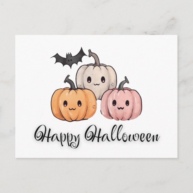Three Pumpkin and Bat Cute Happy Halloween Holiday Postcard (Front)