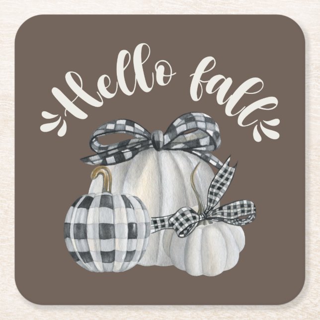 Three Pumpkin Hello Fall Square Paper Coaster (Front)