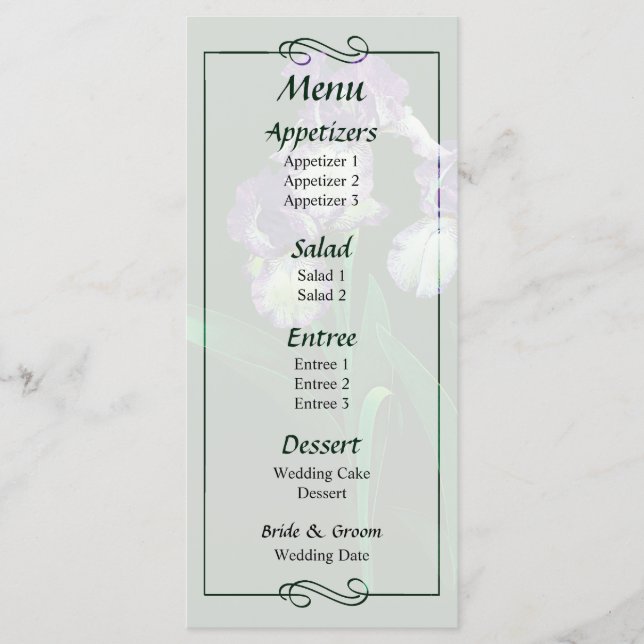 Three Purple and White Irises Wedding Menu (Front)
