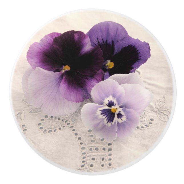 Three purple pansies ceramic knob (Front)