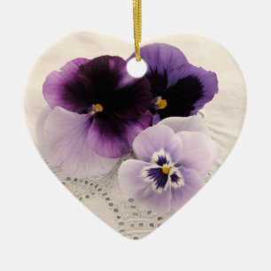 Three purple pansies heart ornament