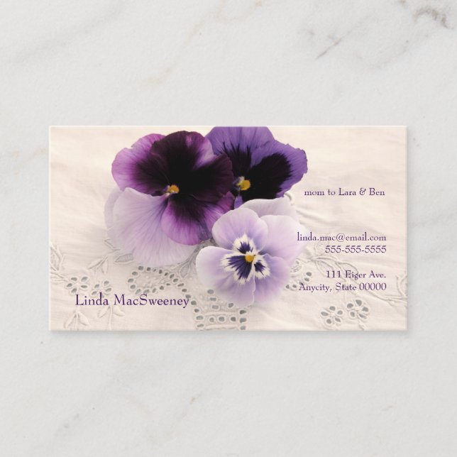 Three purple pansies mum calling card (Front)
