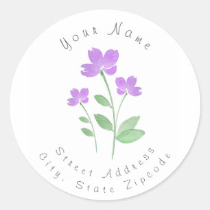 Three Purple Watercolor Flower Stems Labels