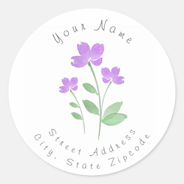 Three Purple Watercolor Flower Stems  Labels (Front)