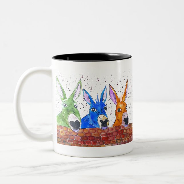 Three Quirky Colourful Donkeys Two-Tone Coffee Mug (Left)