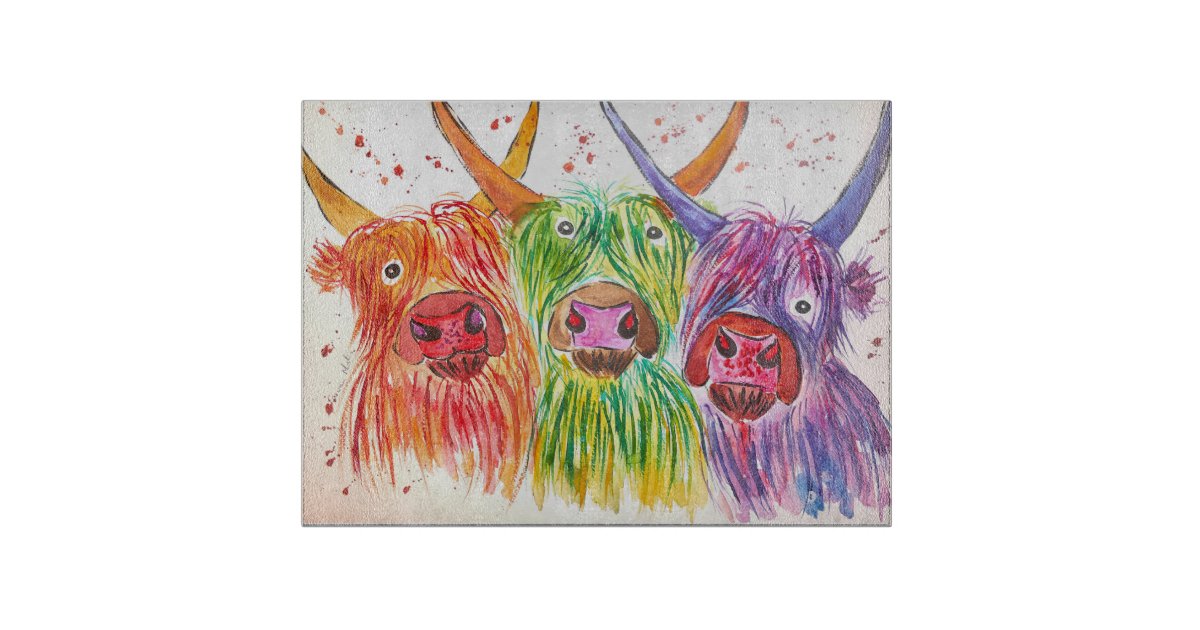 Three Quirky Colourful Highland Cows Cutting Board Zazzle Co Uk