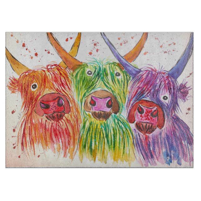 Three quirky colourful highland cows cutting board (Front)