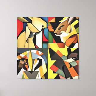 Three Rabbits And A Lion Geometric Abstract Art  Canvas Print