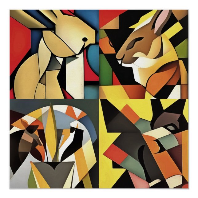 Three Rabbits And A Lion Geometric Abstract Art Poster (Front)