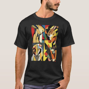 Three Rabbits And A Lion Geometric Abstract Collag T-Shirt