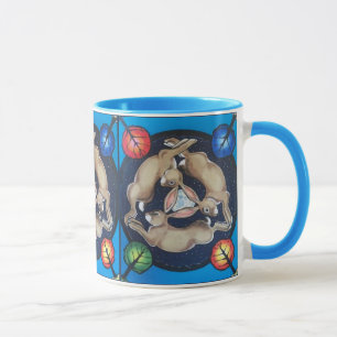 Three Rabbits Hares Chasing Moon Four Seasons Blue Mug