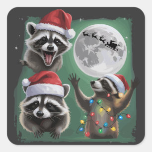 Three Raccoons With The Moon Galaxy Christmas  Square Sticker