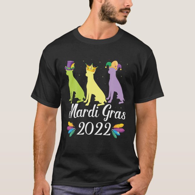 Three Rat Terrier Dogs Mardi Gras Costume Dancing T-Shirt (Front)