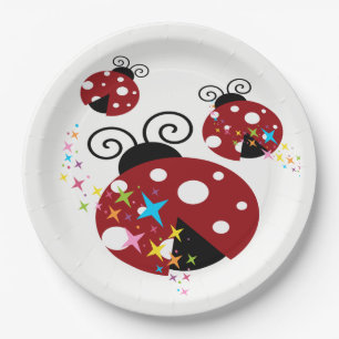 Three red and black ladybug with stars paper plate