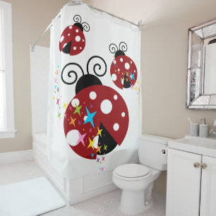 Three red and black ladybug with stars shower curtain