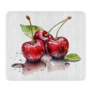 three red cherries in water colour cutting board