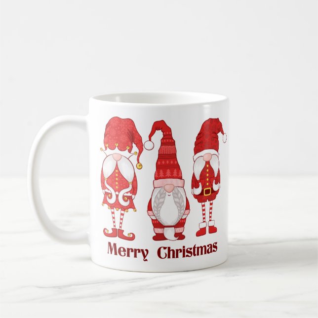 Three Red Christmas Gnomes Merry Christmas Coffee Mug (Left)