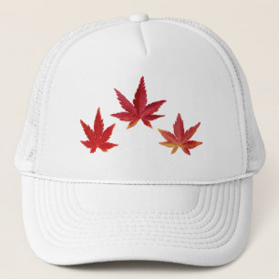 Three red falling leaves trucker hat