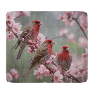 Three Red Finches On Blossom Tree,  Cutting Board
