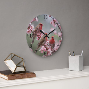 Three Red Finches On Blossom Tree, Large Clock