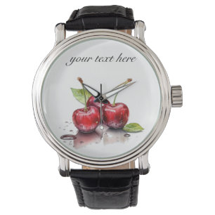 three red juicy cherries in watercolor watch