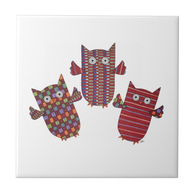 Three Red Owls Ceramic Tile (Front)