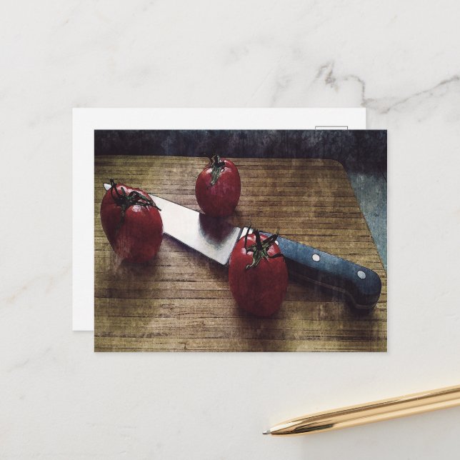 Three red tomatoes on a chopping board   postcard (Front/Back In Situ)