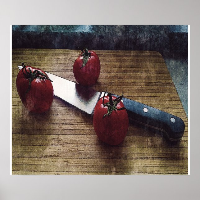 Three red tomatoes on a chopping board poster (Front)