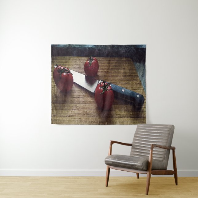 Three red tomatoes on a chopping board   tapestry (In Situ (Horizontal))