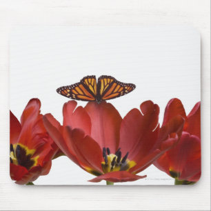 Three red tulips and a monarch butterfly against mouse mat