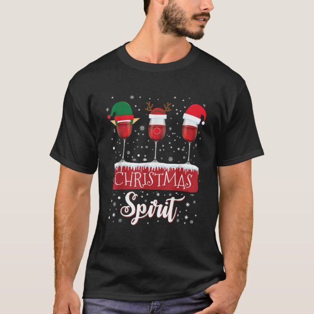 Three Red Wine Glasses Christmas Spirit Santa Elf  T-Shirt (Front)
