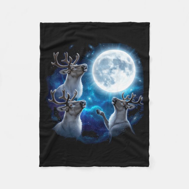 Three Reindeer Howling At The Moon Merry Christmas Fleece Blanket (Front)