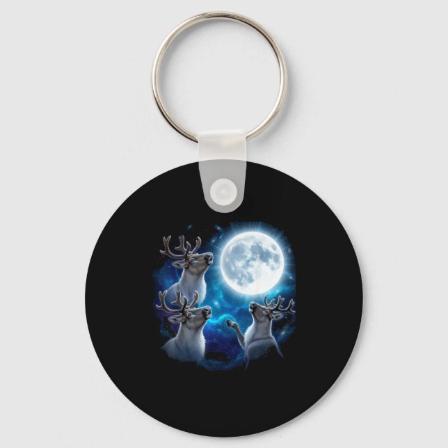 Three Reindeer Howling At The Moon Merry Christmas Key Ring (Front)