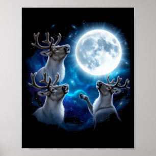 Three Reindeer Howling At The Moon Merry Christmas Poster