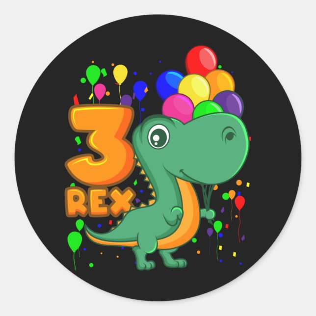 THREE REX 3 Year Old 3rd Birthday Boy Dino Classic Round Sticker (Front)