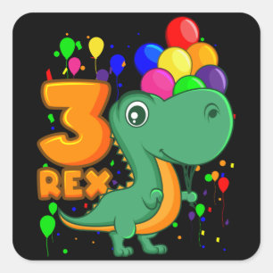 THREE REX 3 Year Old 3rd Birthday Boy Dino Square Sticker