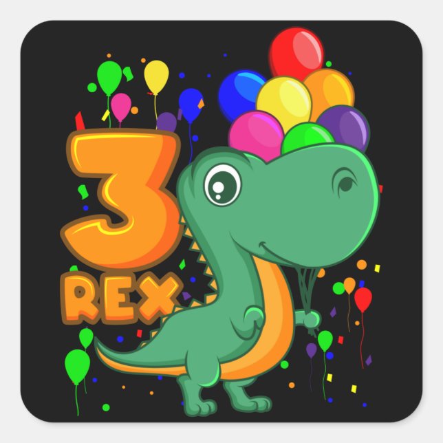 THREE REX 3 Year Old 3rd Birthday Boy Dino Square Sticker (Front)