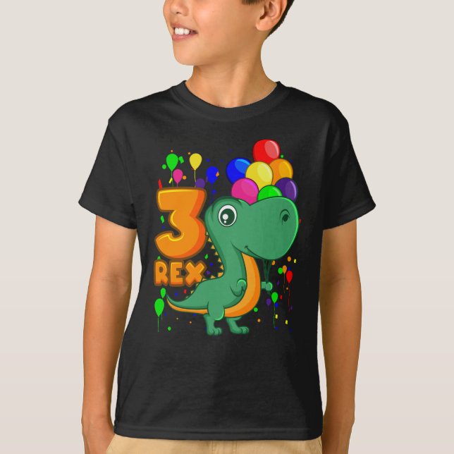 THREE REX 3 Year Old 3rd Birthday Boy Dino T-Shirt (Front)