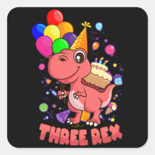 THREE REX 3 Year Old 3rd Birthday Girl Dino Square Sticker