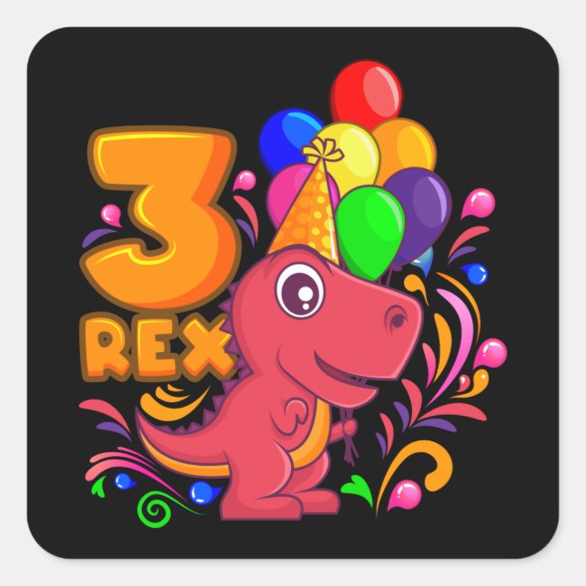 THREE REX 3 Year Old 3rd Birthday Girl Dino Square Sticker (Front)