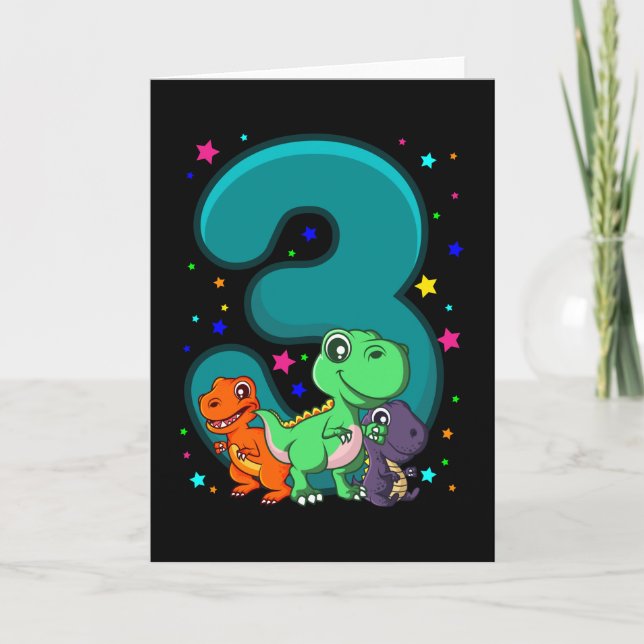 THREE REX 3 Year Old 3rd Birthday Kids Dino Card (Front)