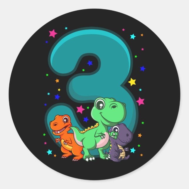 THREE REX 3 Year Old 3rd Birthday Kids Dino Classic Round Sticker (Front)