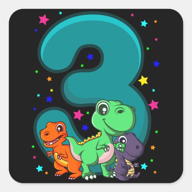 THREE REX 3 Year Old 3rd Birthday Kids Dino Square Sticker (Front)