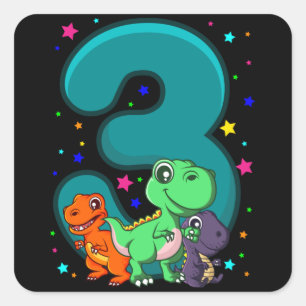 THREE REX 3 Year Old 3rd Birthday Kids Dino Square Sticker