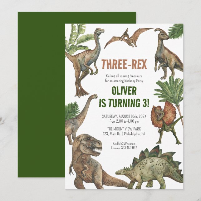 Three-Rex 3 Years Birthday Dinosaurs invitation (Front/Back)