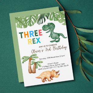 three-rex 3rd birthday party invitation