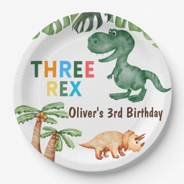 Three-rex  3rd birthday party paper plate (Front)