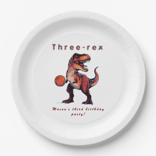 Three-Rex basketball Dino birthday   Paper Plate (Front)