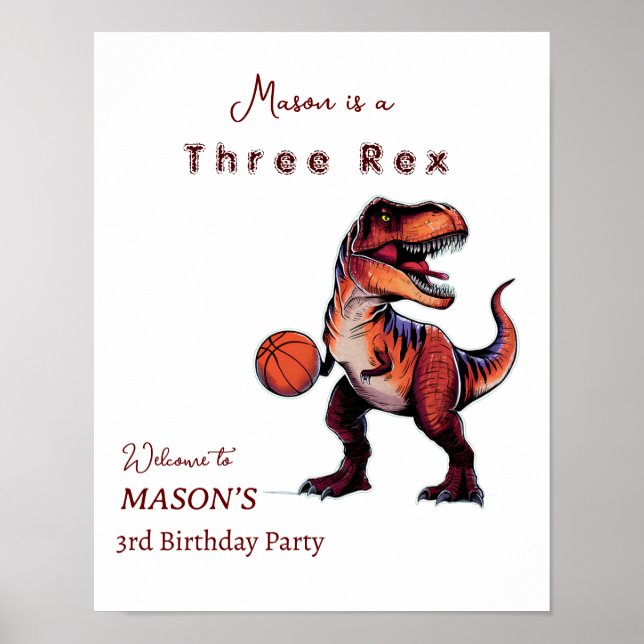 Three-Rex basketball Dino birthday welcome sign (Front)