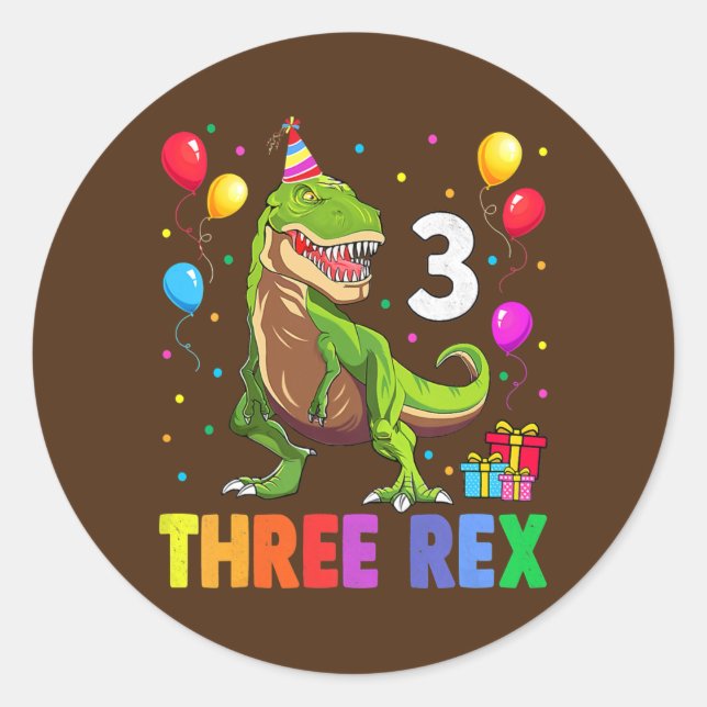 Three Rex Birthday 3 Year Old Dinosaur 3rd T Trex Classic Round Sticker (Front)
